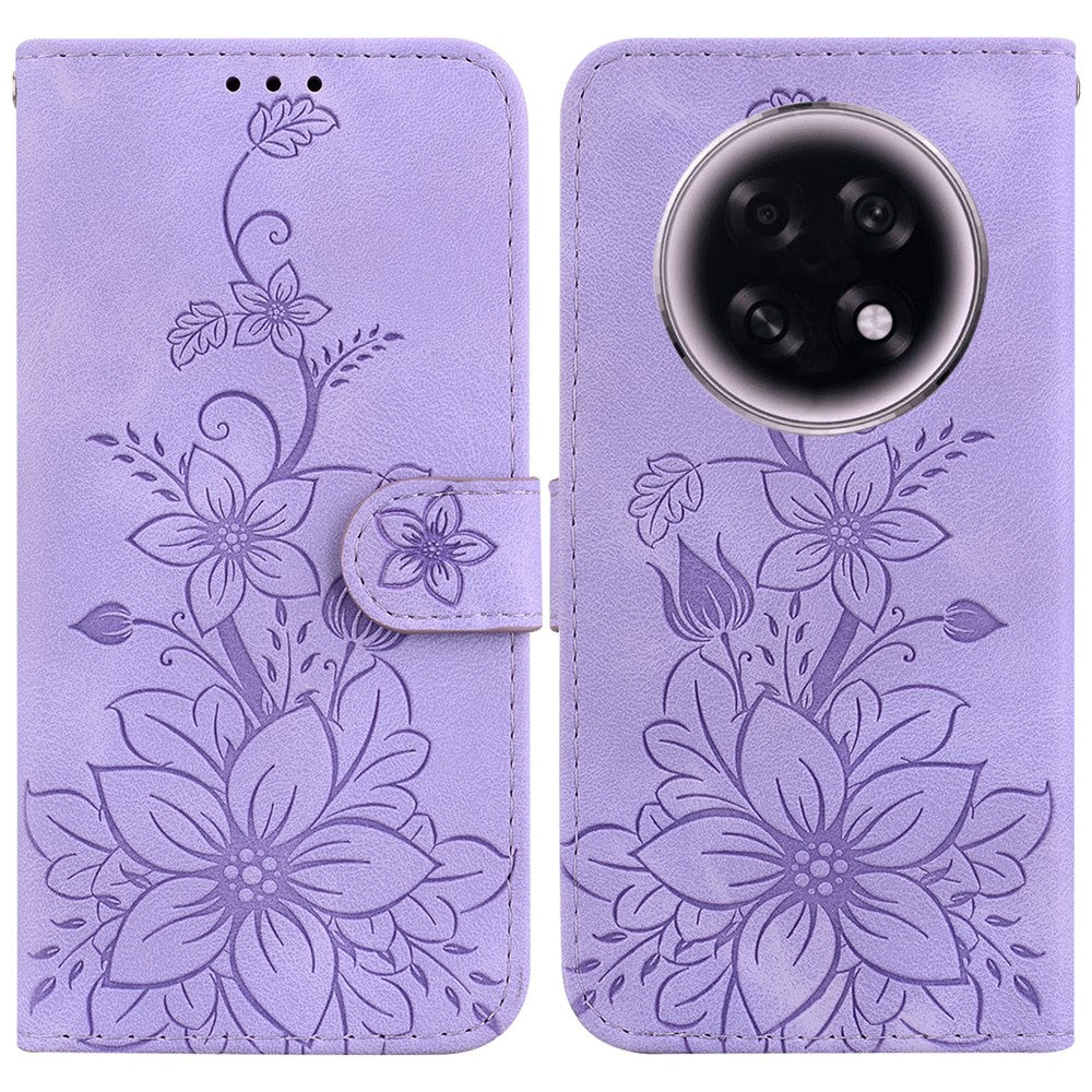 Oppo F31 Pro+ 5G / A6 GT 5G Stativskal Lily Flower Imprint Lädermobilskal med Handledsrem