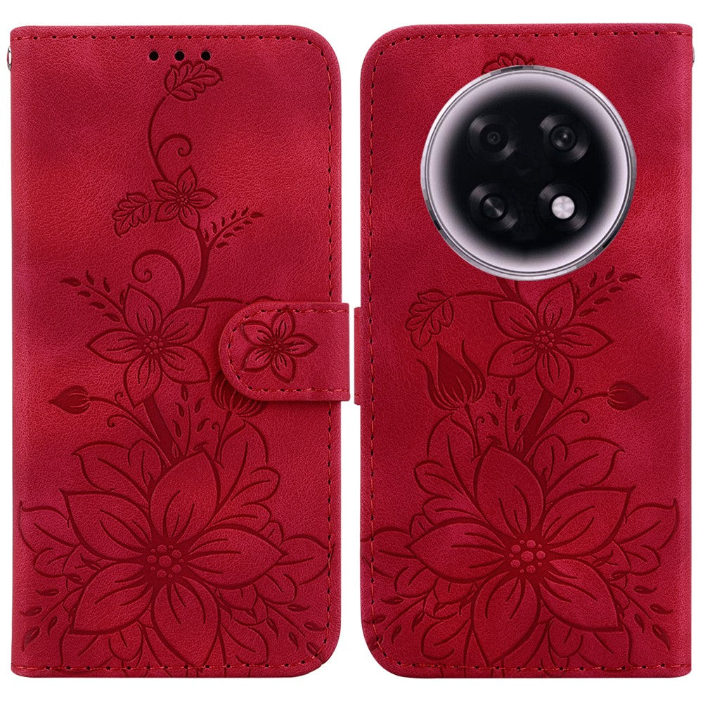 For Oppo F31 Pro+ 5G  /  A6 GT 5G Stand Case Lily Flower Imprint Leather Phone Cover with Wrist Strap