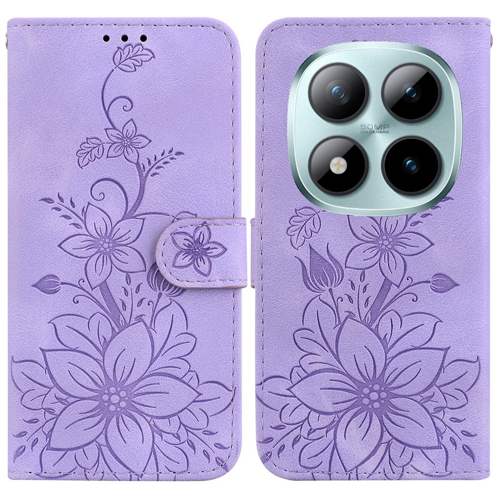 For Xiaomi Redmi Note 15 Pro 5G (Global) Stand Case Lily Flower Imprint Leather Phone Cover with Wrist Strap