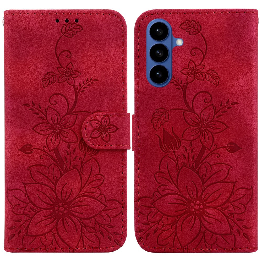 For Samsung Galaxy S26 Stand Case Lily Flower Imprint Leather Phone Cover with Wrist Strap