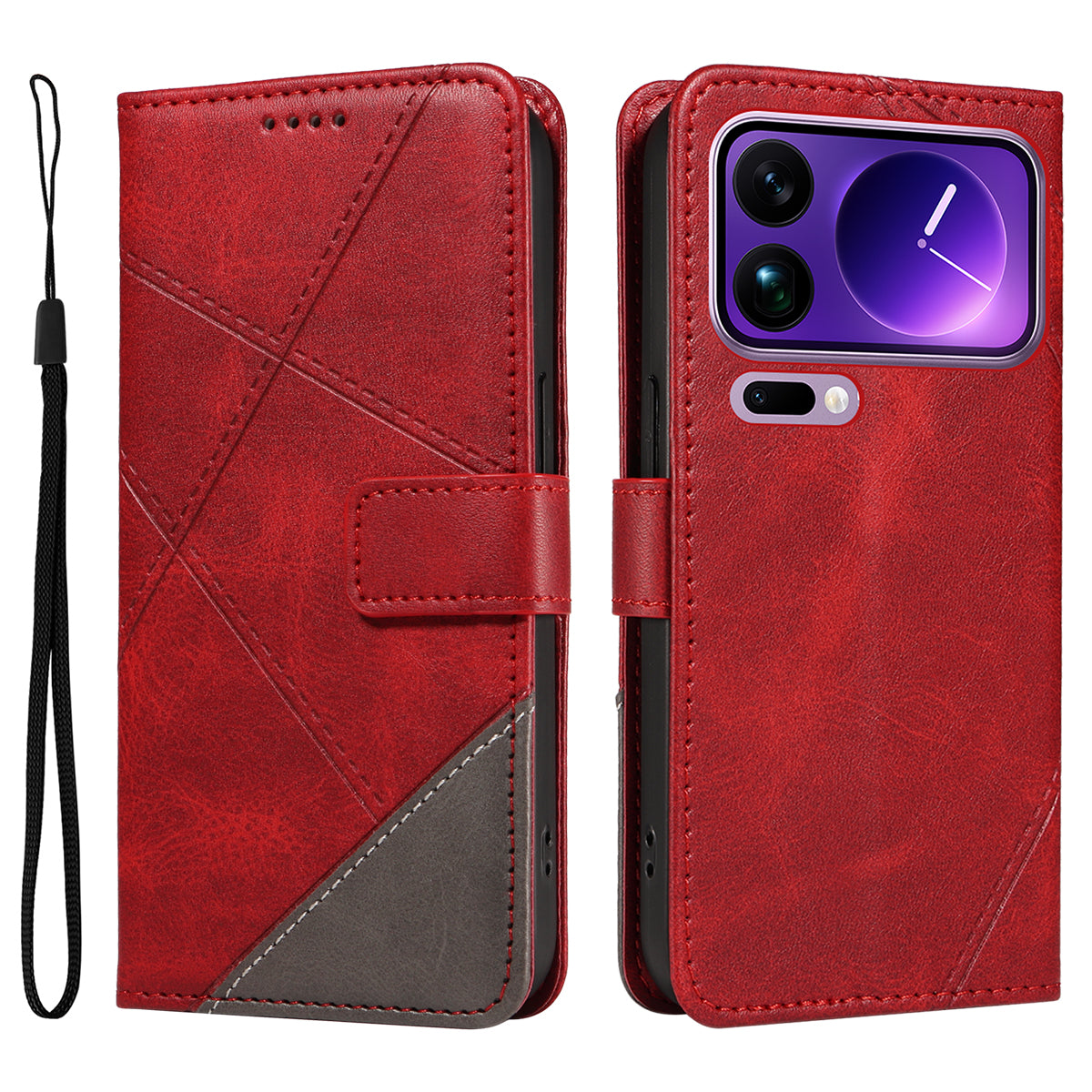 For Xiaomi 17 Pro Max Leather Case Geometric Line Design Wallet Phone Cover with Wrist Strap
