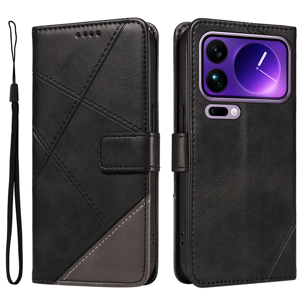 For Xiaomi 17 Pro Max Leather Case Geometric Line Design Wallet Phone Cover with Wrist Strap