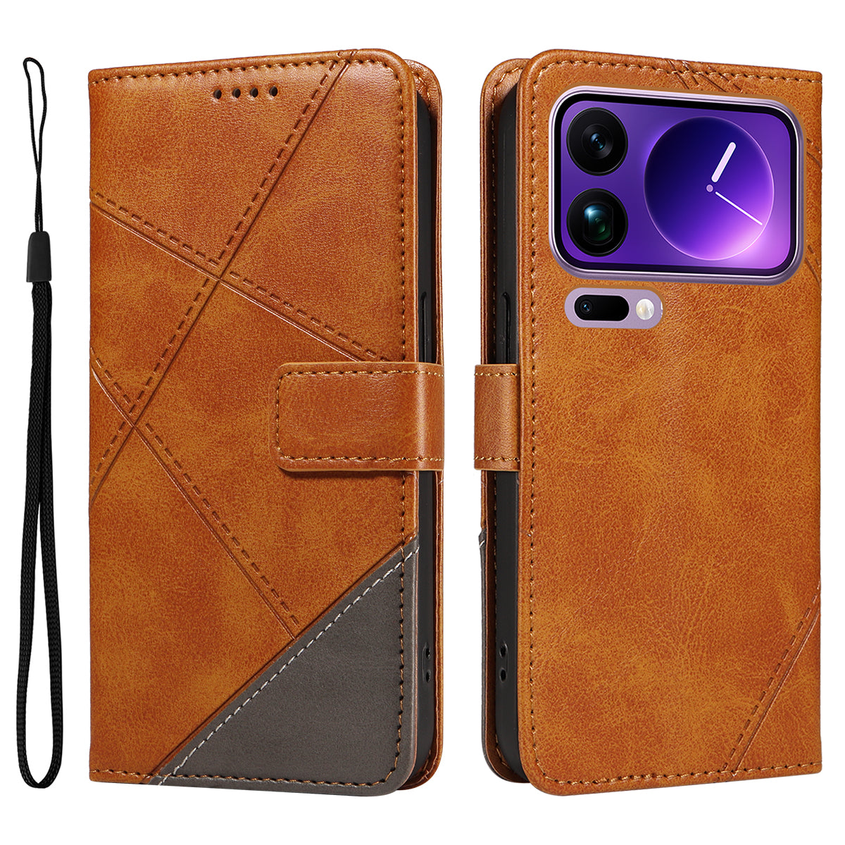 For Xiaomi 17 Pro Max Leather Case Geometric Line Design Wallet Phone Cover with Wrist Strap