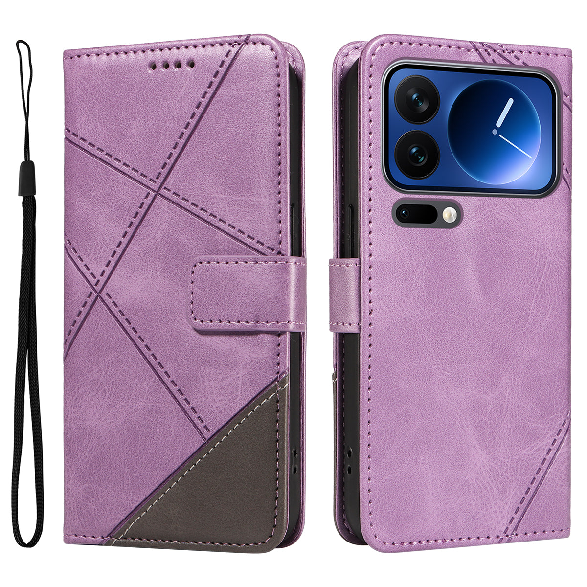 For Xiaomi 17 Pro Leather Case Geometric Line Design Wallet Phone Cover with Wrist Strap