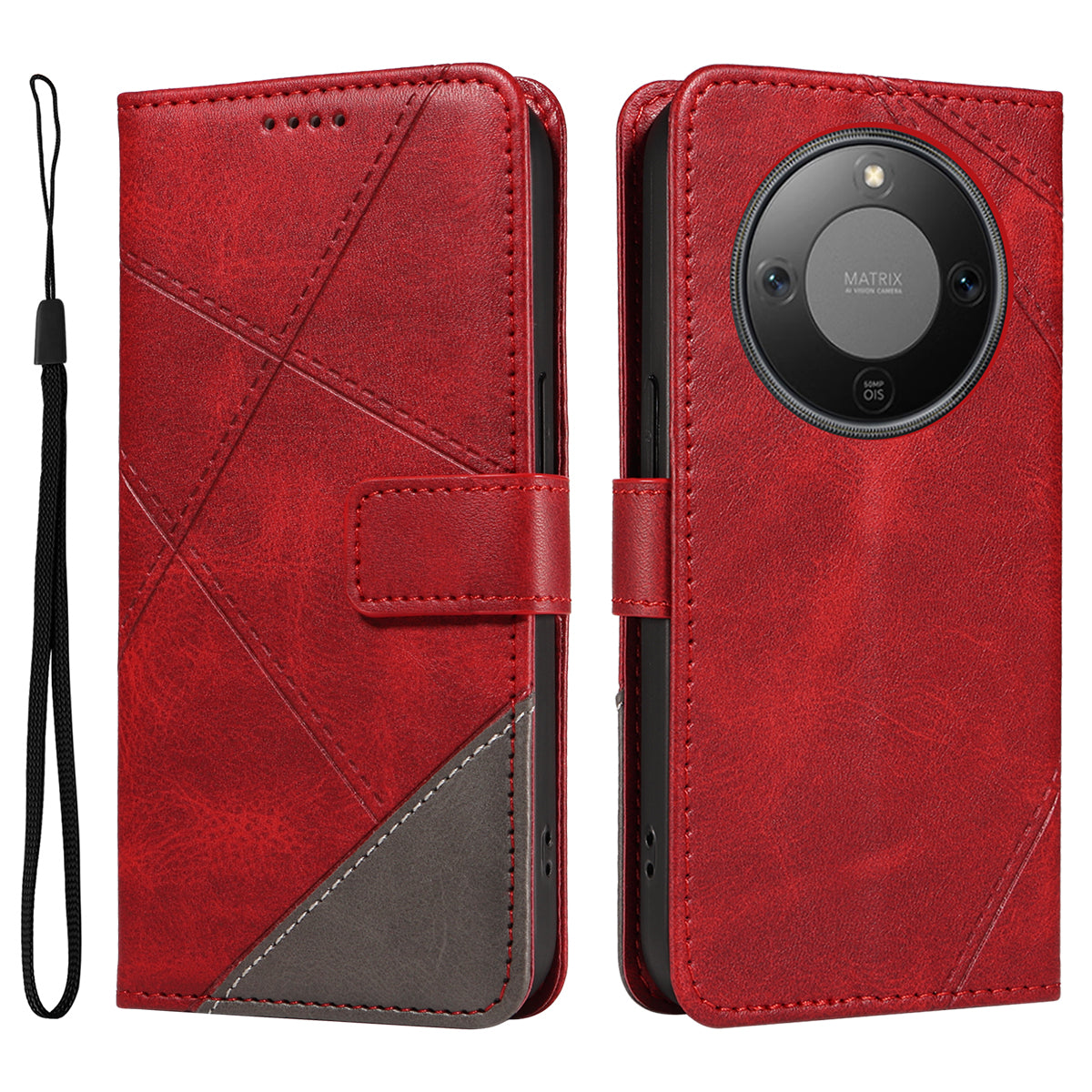 For Honor Magic8 Lite 5G / X9d 5G / X70 5G Leather Case Geometric Line Design Wallet Phone Cover with Wrist Strap