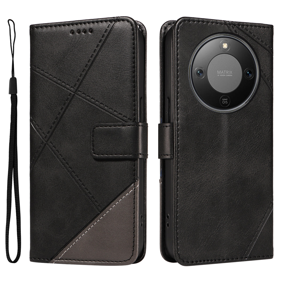 For Honor Magic8 Lite 5G / X9d 5G / X70 5G Leather Case Geometric Line Design Wallet Phone Cover with Wrist Strap