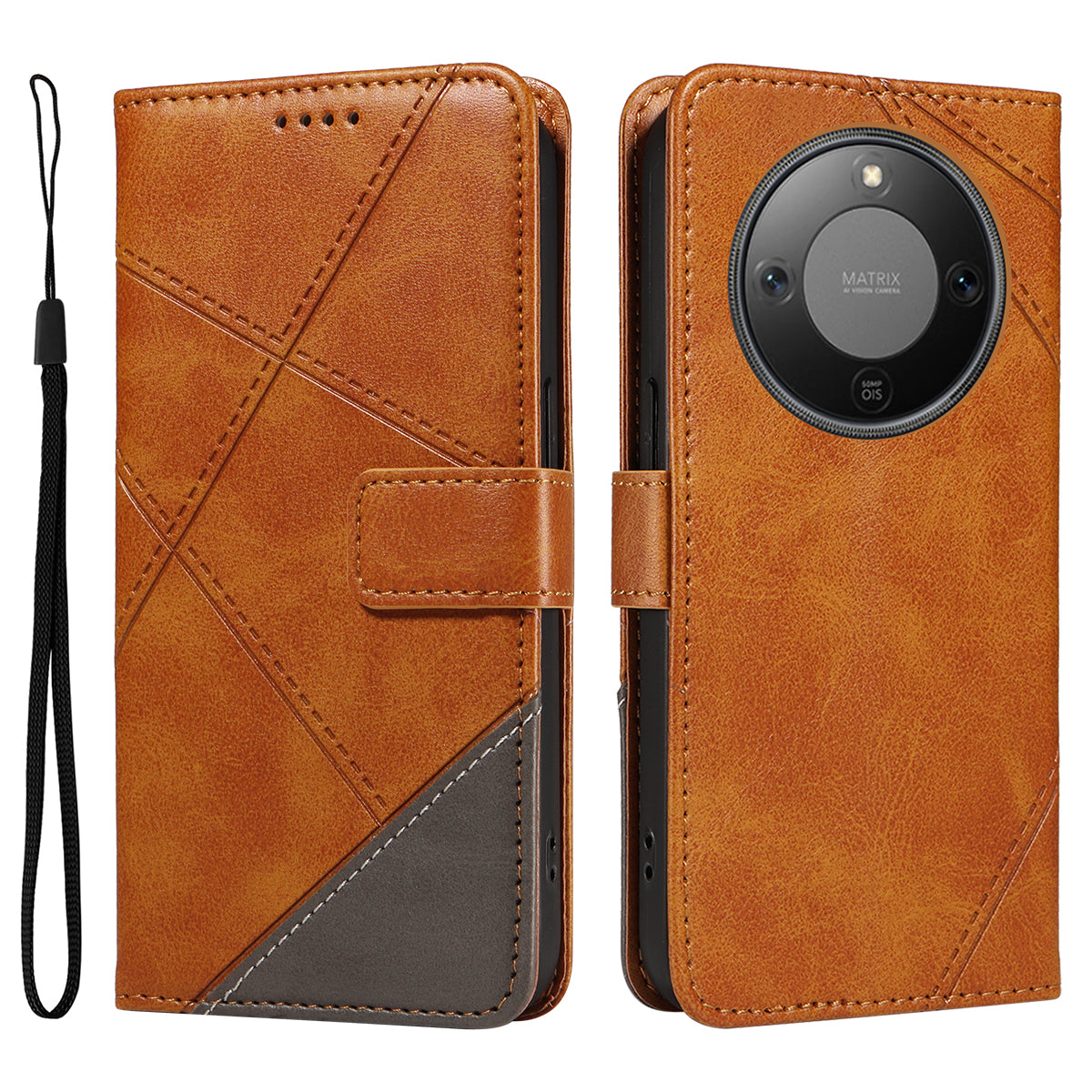 For Honor Magic8 Lite 5G / X9d 5G / X70 5G Leather Case Geometric Line Design Wallet Phone Cover with Wrist Strap