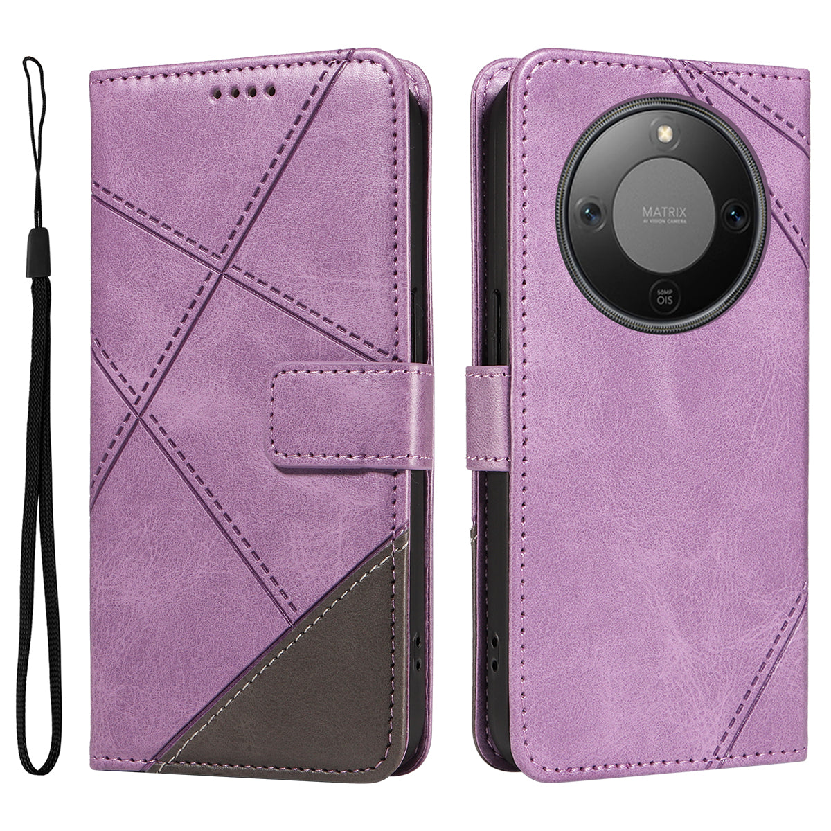 For Honor Magic8 Lite 5G / X9d 5G / X70 5G Leather Case Geometric Line Design Wallet Phone Cover with Wrist Strap
