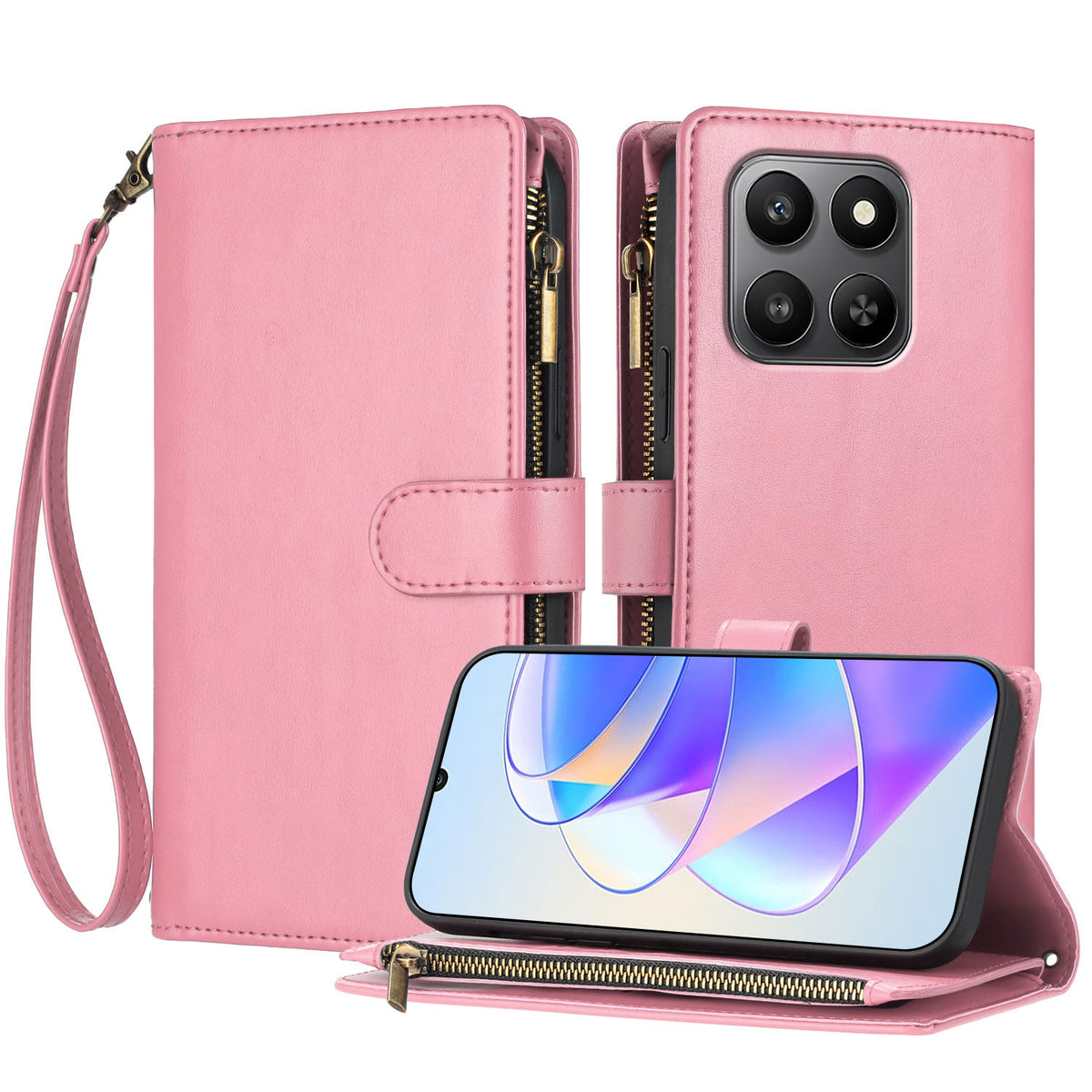 For Honor 400 Smart 4G / Honor X7d 4G / Honor X7d 5G / Honor 400 Smart 5G Leather Case Zipper Wallet Stand Shockproof Phone Cover with Wrist Strap