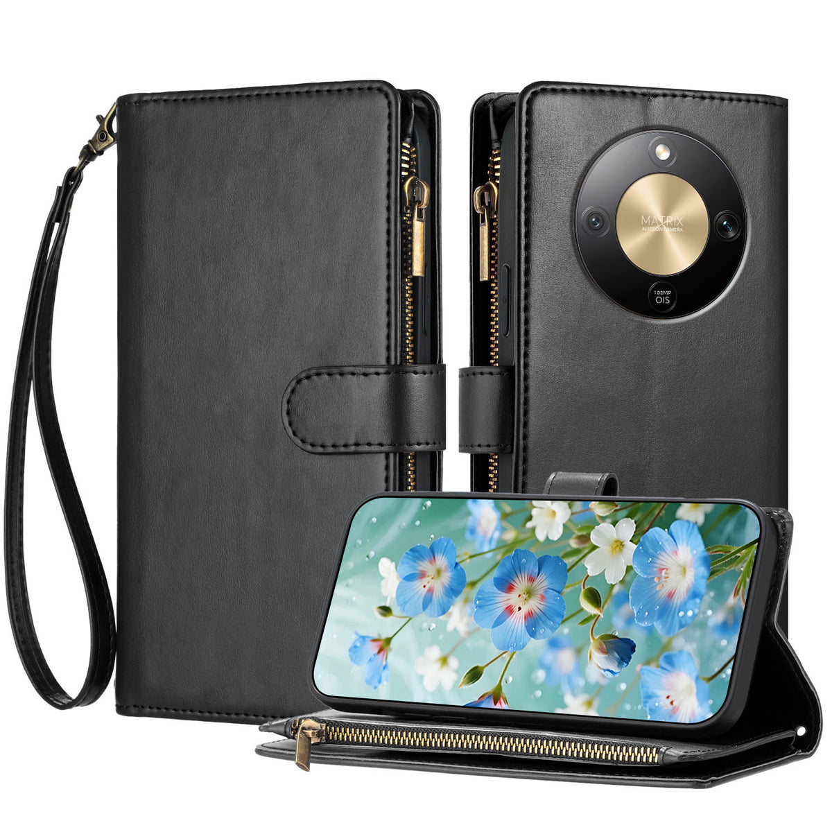 For Honor Magic8 Lite 5G / X9d 5G / X70 5G Leather Case Zipper Wallet Stand Shockproof Phone Cover with Wrist Strap