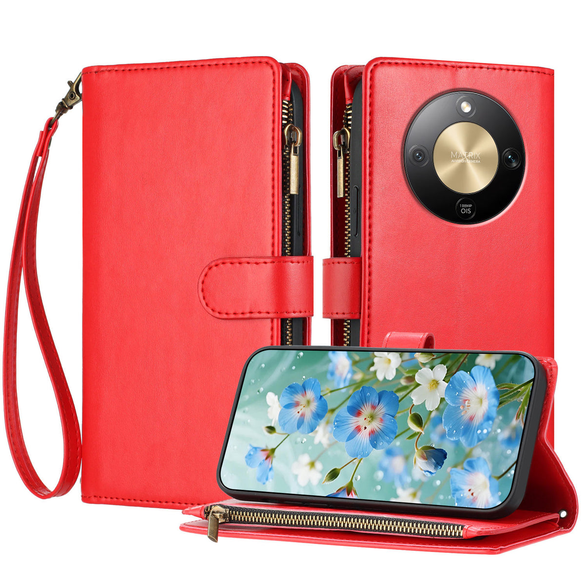 For Honor Magic8 Lite 5G / X9d 5G / X70 5G Leather Case Zipper Wallet Stand Shockproof Phone Cover with Wrist Strap