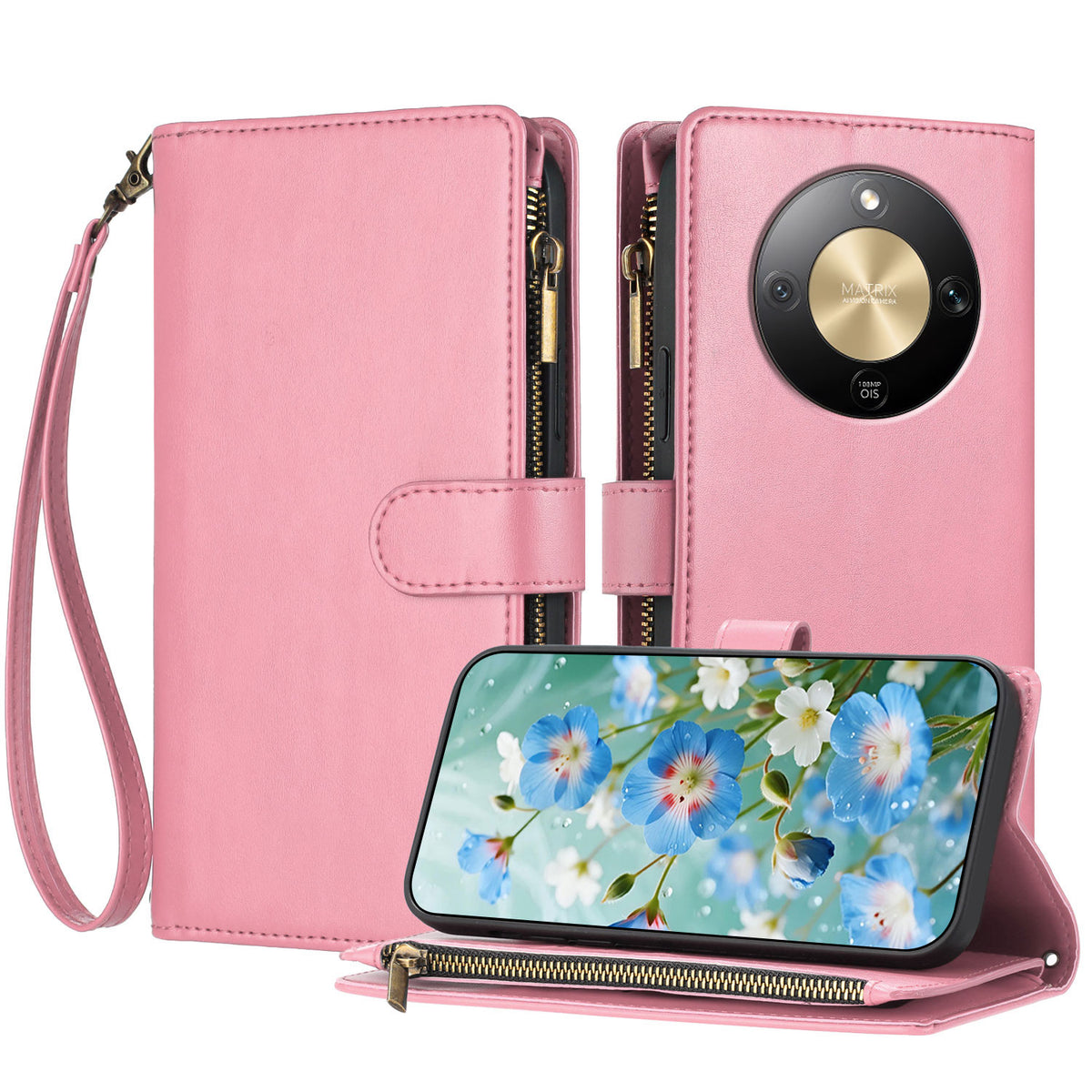 For Honor Magic8 Lite 5G / X9d 5G / X70 5G Leather Case Zipper Wallet Stand Shockproof Phone Cover with Wrist Strap