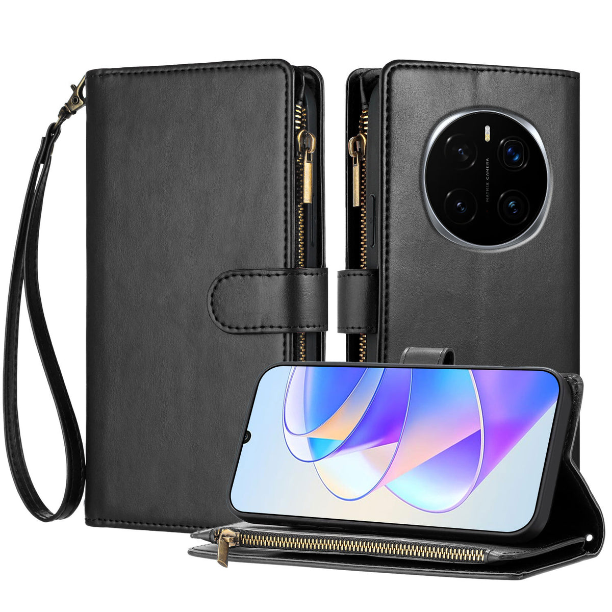 For Honor Magic8 Pro 5G Leather Case Zipper Wallet Stand Shockproof Phone Cover with Wrist Strap