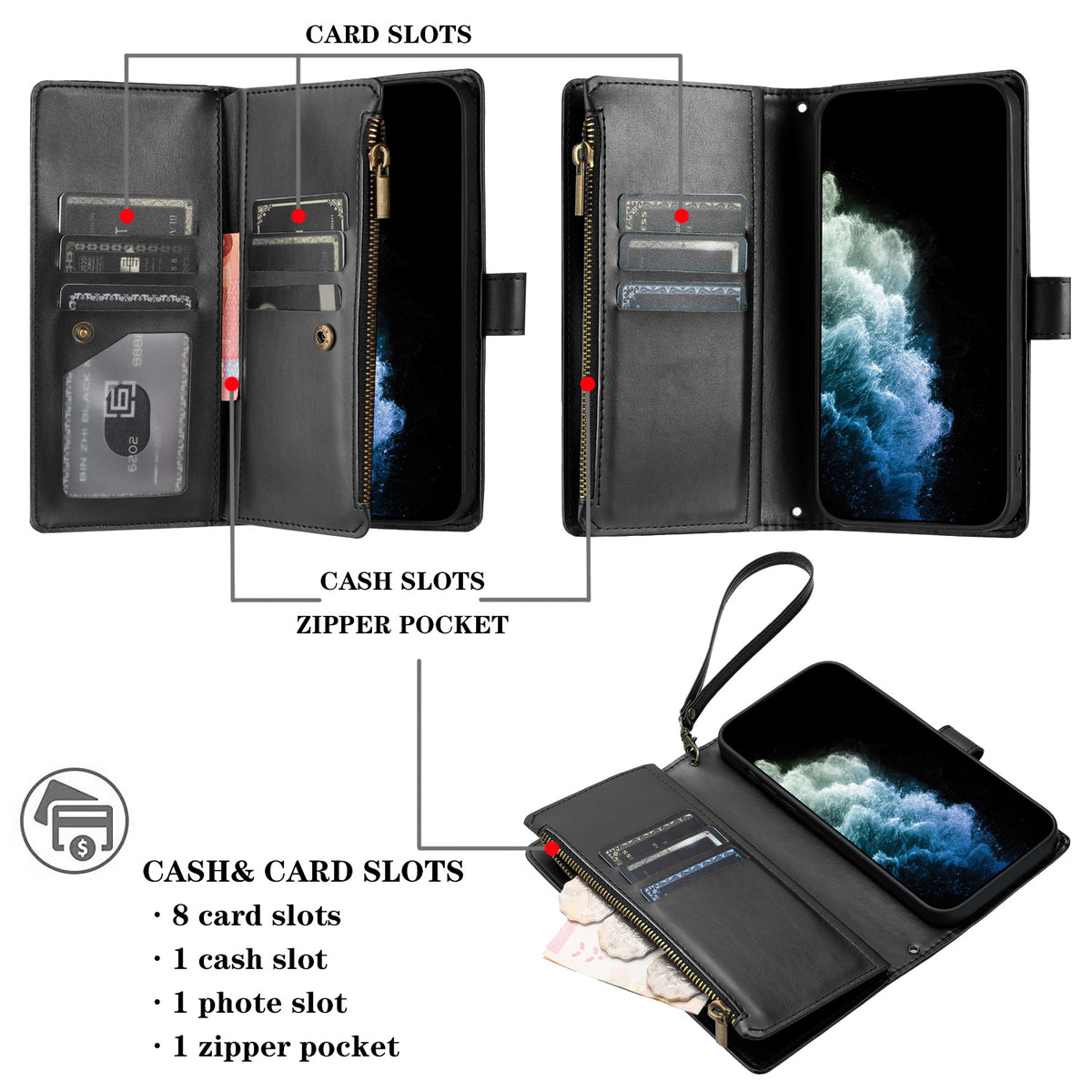 For Honor Magic8 Pro 5G Leather Case Zipper Wallet Stand Shockproof Phone Cover with Wrist Strap