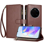For Honor Magic8 Pro 5G Leather Case Zipper Wallet Stand Shockproof Phone Cover with Wrist Strap