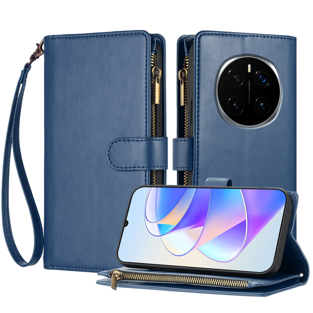 For Honor Magic8 Pro 5G Leather Case Zipper Wallet Stand Shockproof Phone Cover with Wrist Strap