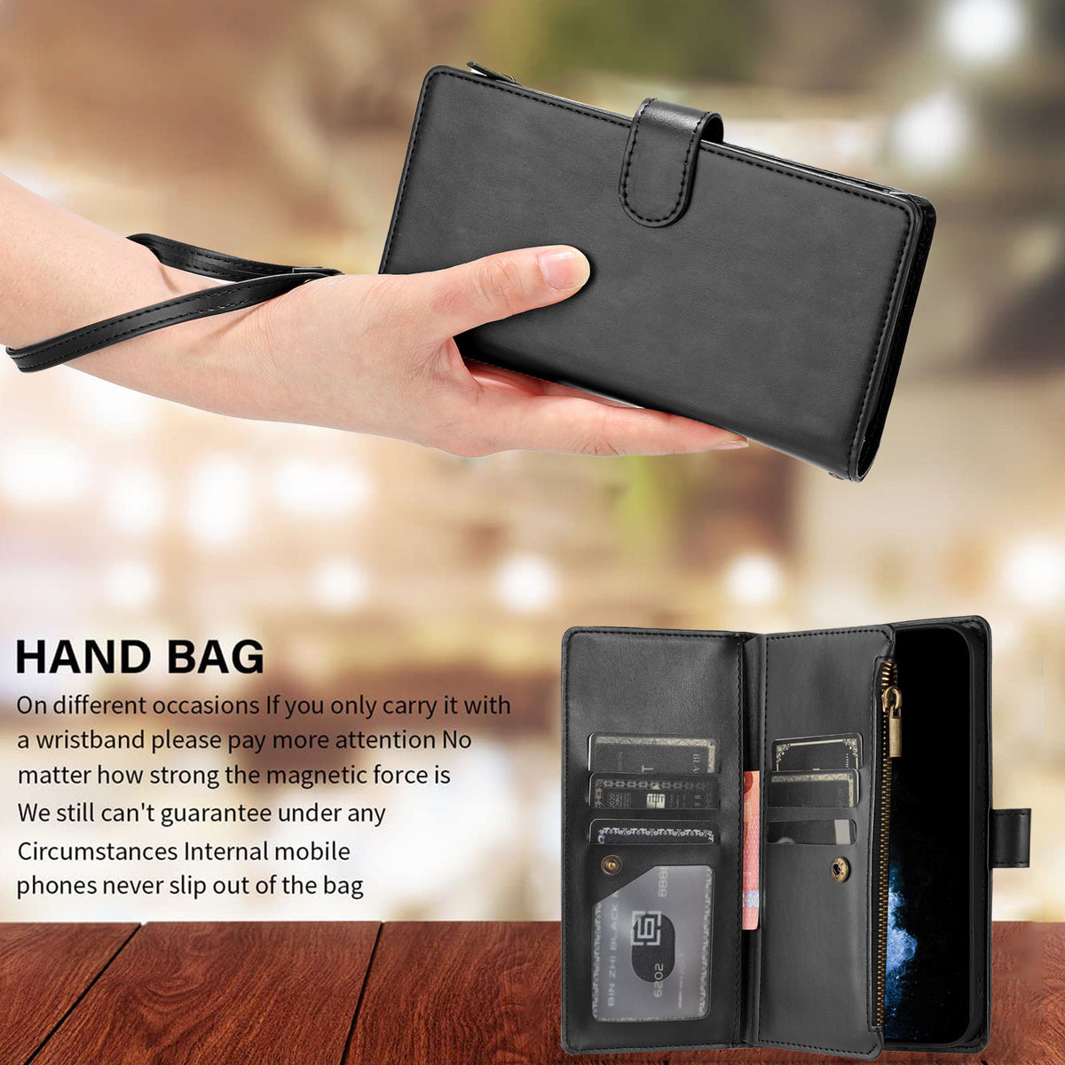 For Honor Magic8 5G Leather Case Zipper Wallet Stand Shockproof Phone Cover with Wrist Strap