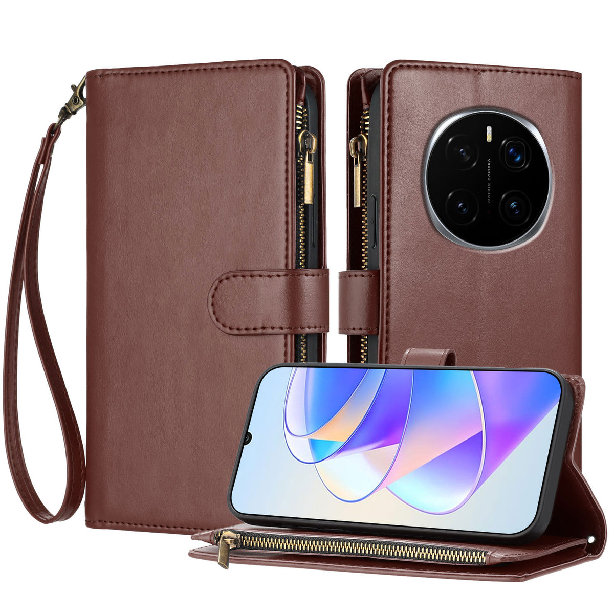 For Honor Magic8 5G Leather Case Zipper Wallet Stand Shockproof Phone Cover with Wrist Strap