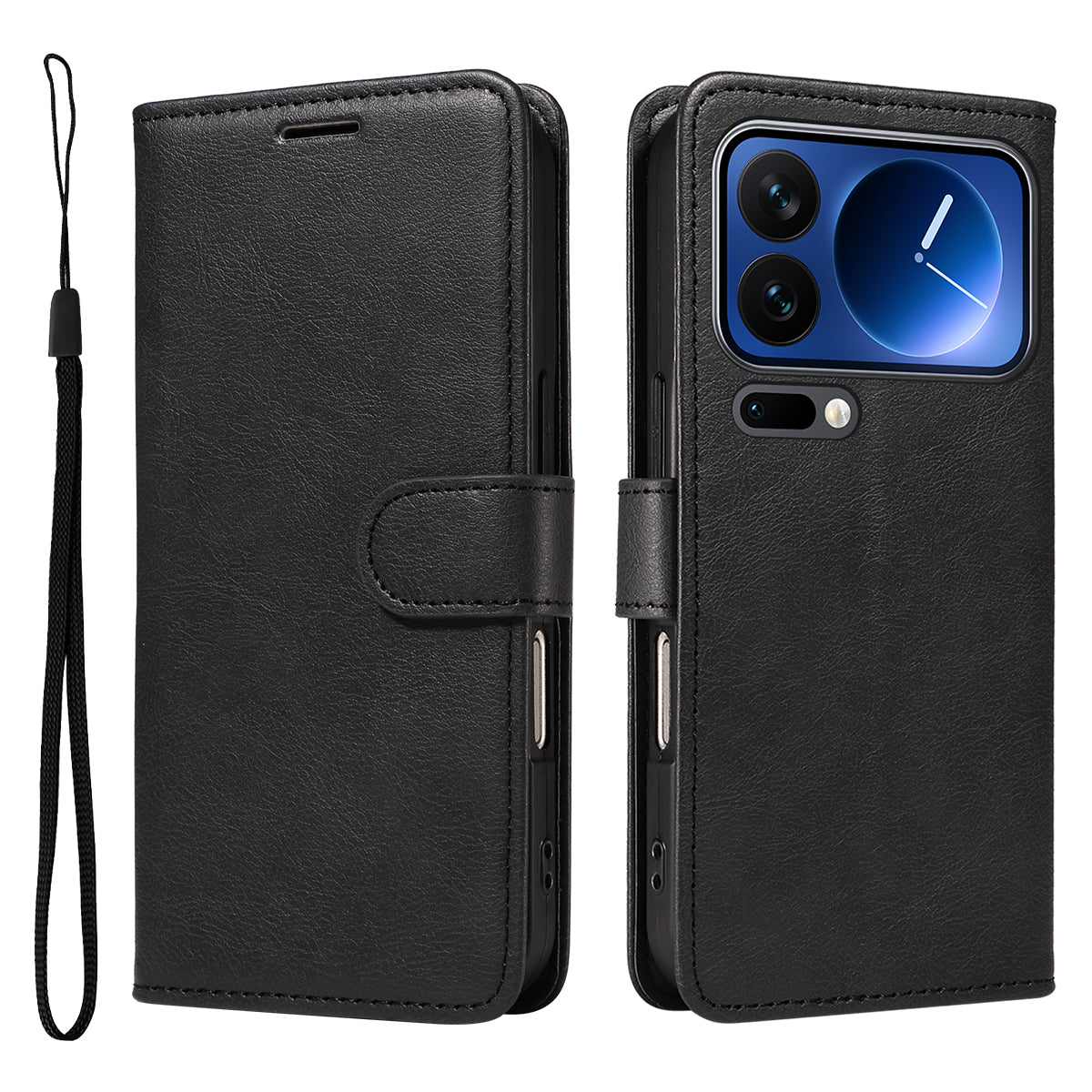 For Xiaomi 17 Pro Leather Wallet Case with Strap Solid Color Phone Stand Cover