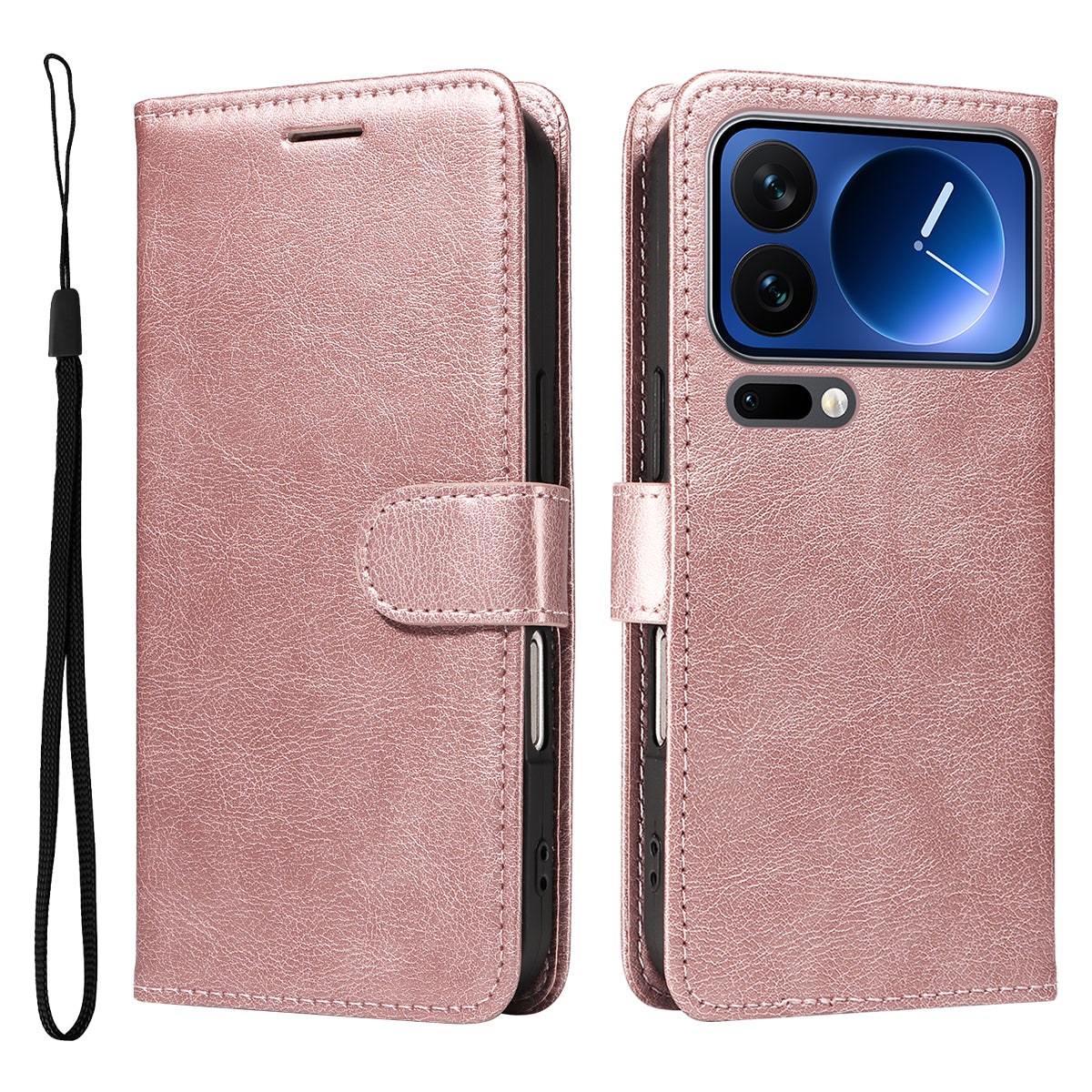 For Xiaomi 17 Pro Leather Wallet Case with Strap Solid Color Phone Stand Cover