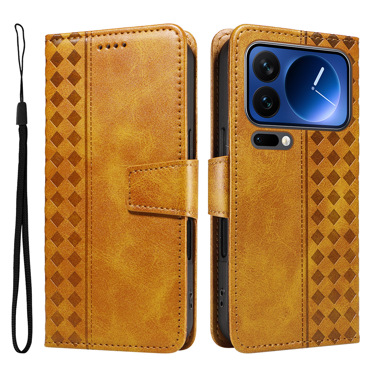 For Xiaomi 17 Pro Leather Case Wallet Stand Grids Imprinted Phone Cover with Strap