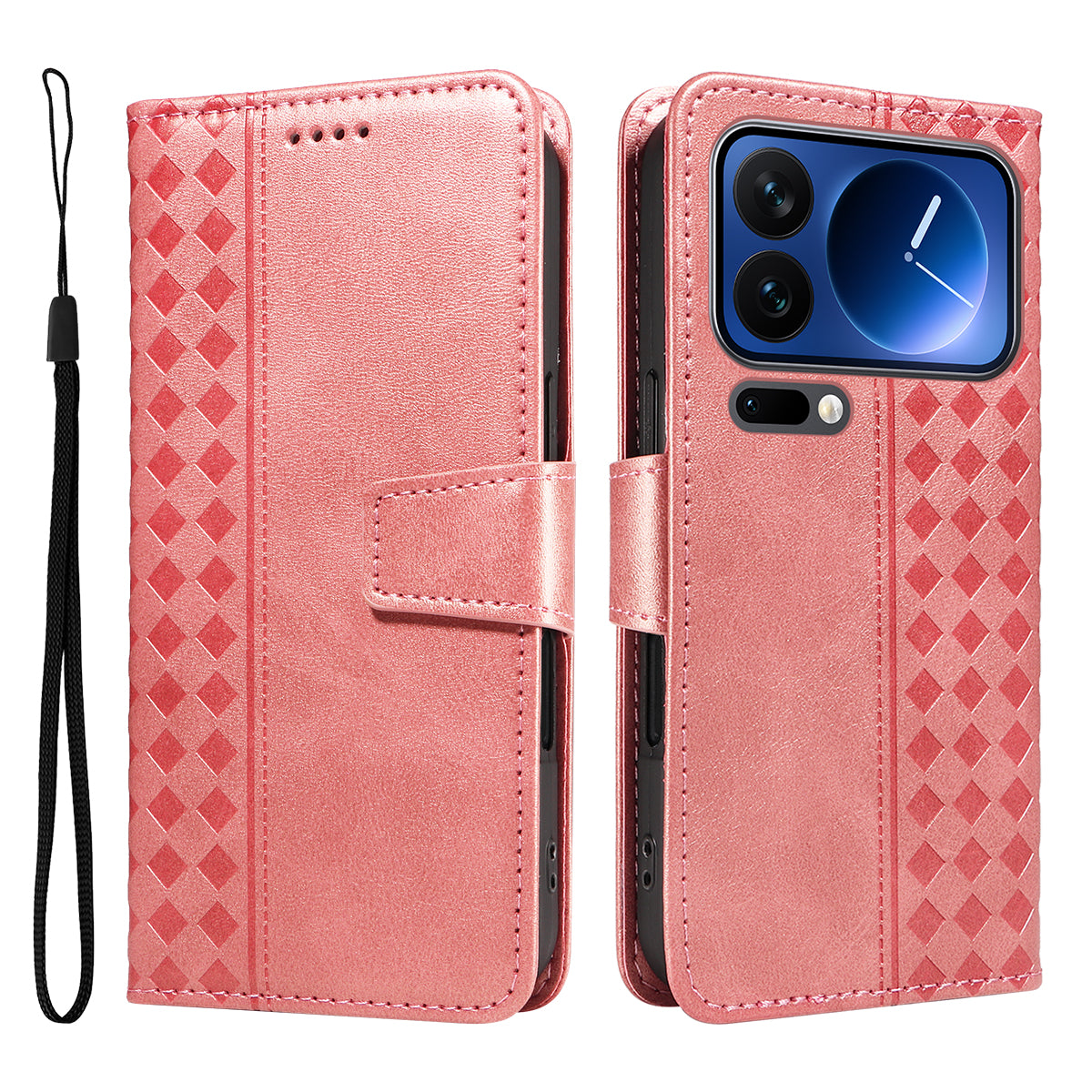 For Xiaomi 17 Pro Leather Case Wallet Stand Grids Imprinted Phone Cover with Strap