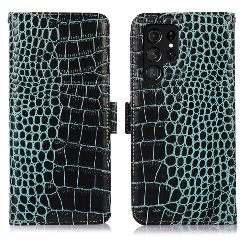 For Samsung Galaxy S26 Ultra Case RFID Blocking Wallet Crocodile Texture Genuine Cow Leather Phone Cover
