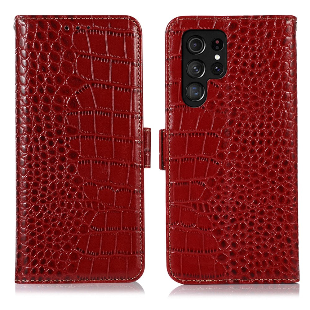 For Samsung Galaxy S26 Ultra Case RFID Blocking Wallet Crocodile Texture Genuine Cow Leather Phone Cover
