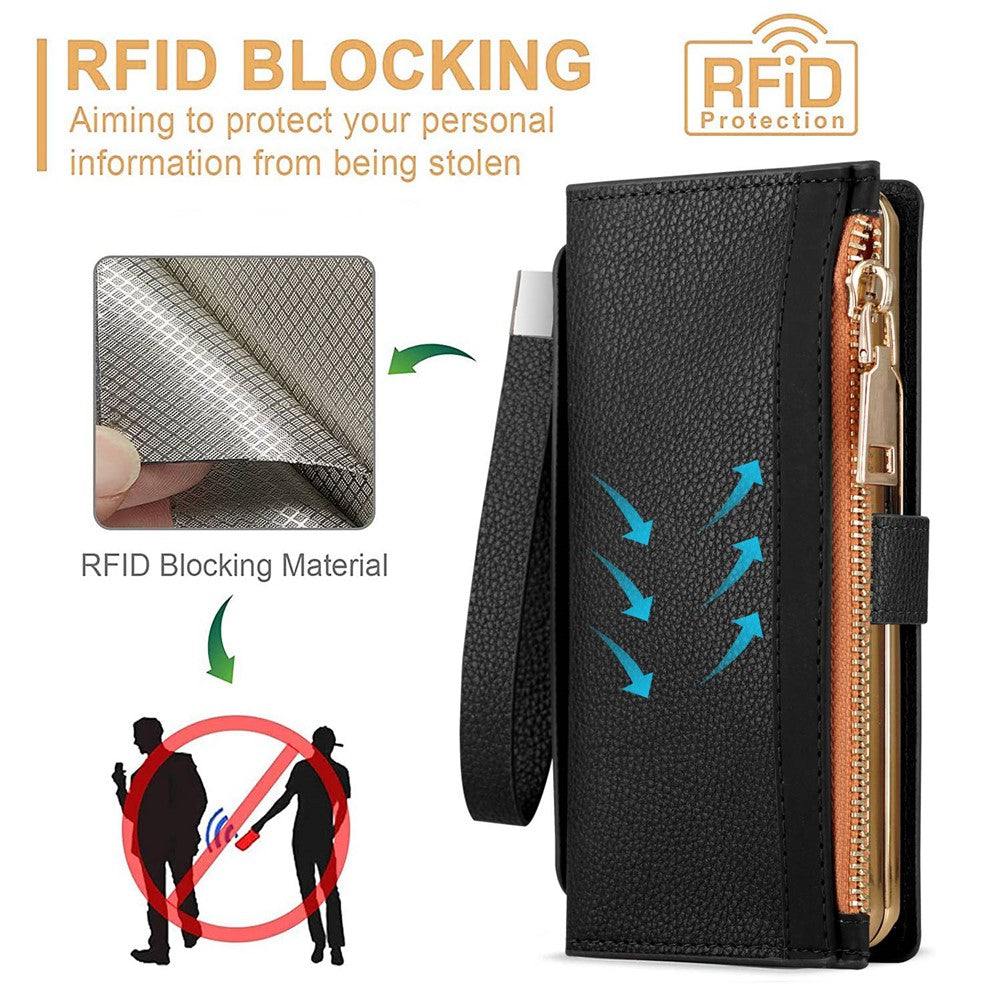 Til Samsung Galaxy Z Fold4 5G RFID-blokerende PU-læder lynlås pung telefonetui med knaplukning, standfunktion, grebsrem og håndledsrem