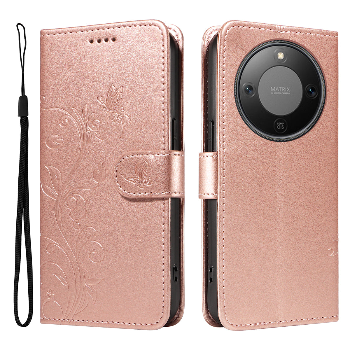 Til Honor Magic8 Lite 5G / X9d 5G / X70 5G PU-læderetuier Blomstermønster Pung Stativ Telefoncover med Rem