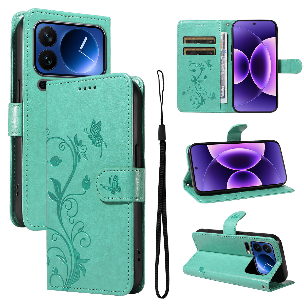 For Xiaomi 17 Pro PU Leather Cases Flower Pattern Wallet Stand Phone Cover with Strap