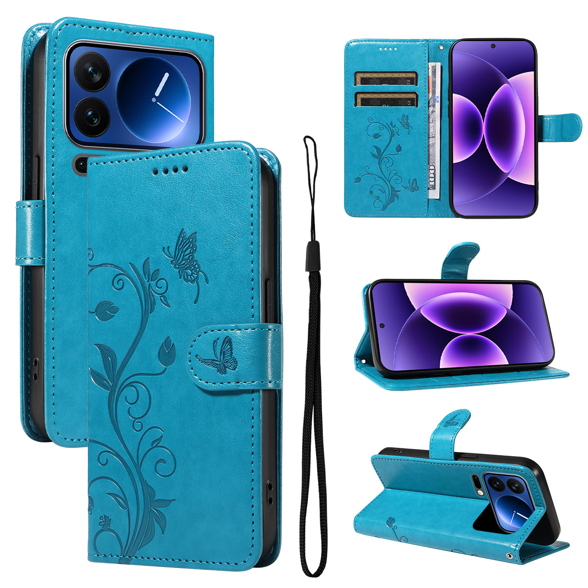 For Xiaomi 17 Pro PU Leather Cases Flower Pattern Wallet Stand Phone Cover with Strap
