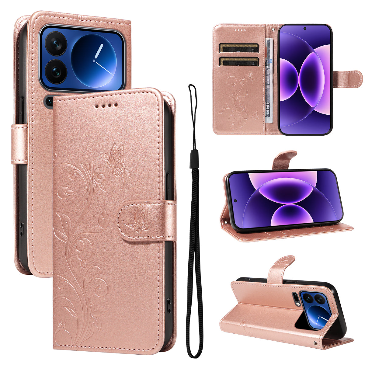 For Xiaomi 17 Pro PU Leather Cases Flower Pattern Wallet Stand Phone Cover with Strap