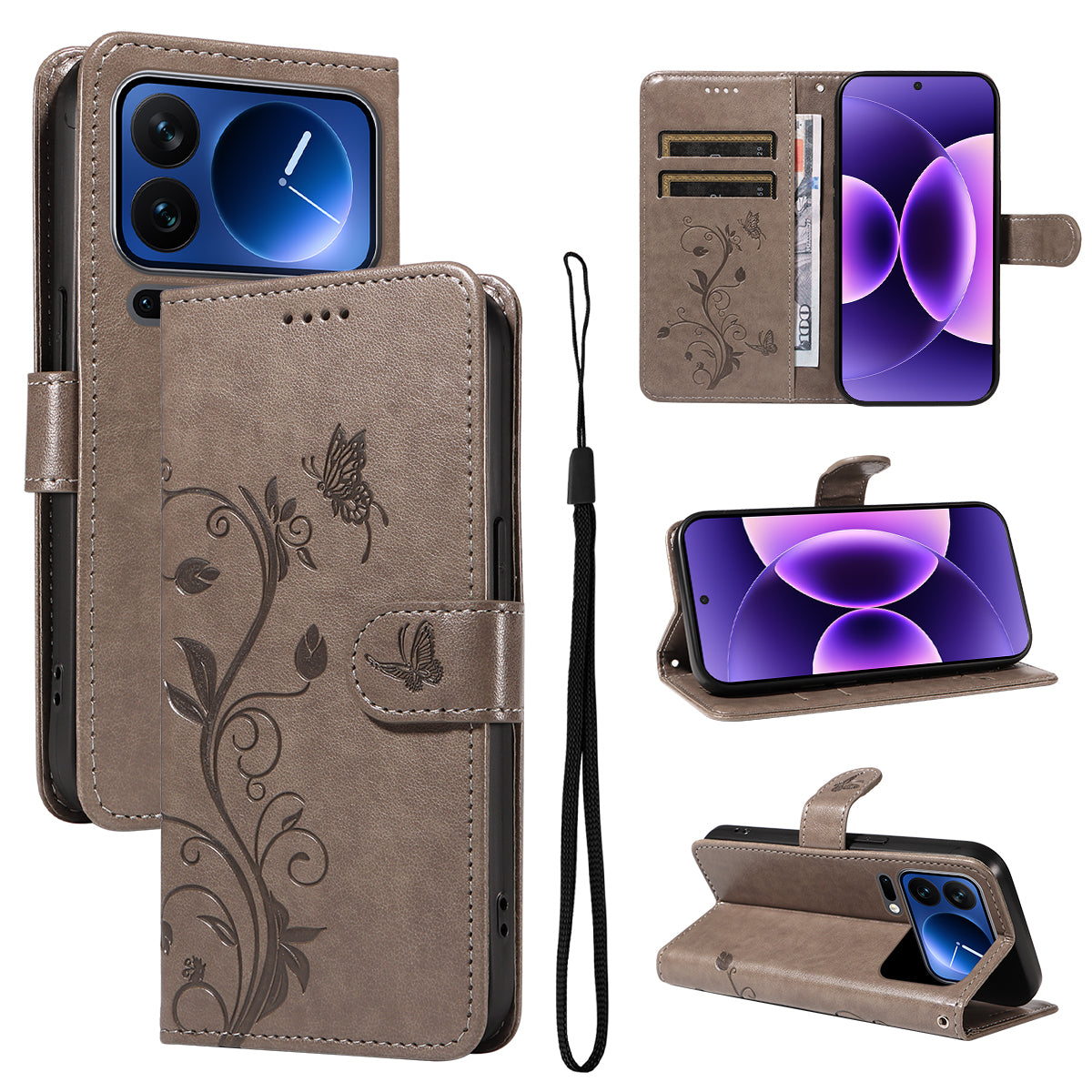 For Xiaomi 17 Pro PU Leather Cases Flower Pattern Wallet Stand Phone Cover with Strap