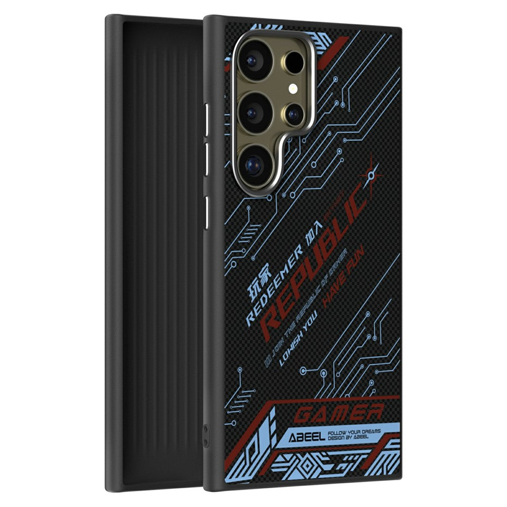 ABEEL Til Samsung Galaxy S24 Ultra Magnetisk Cover Mikro-prægning 6D Printet PC TPU Aluminiumslegering Læder Telefoncover