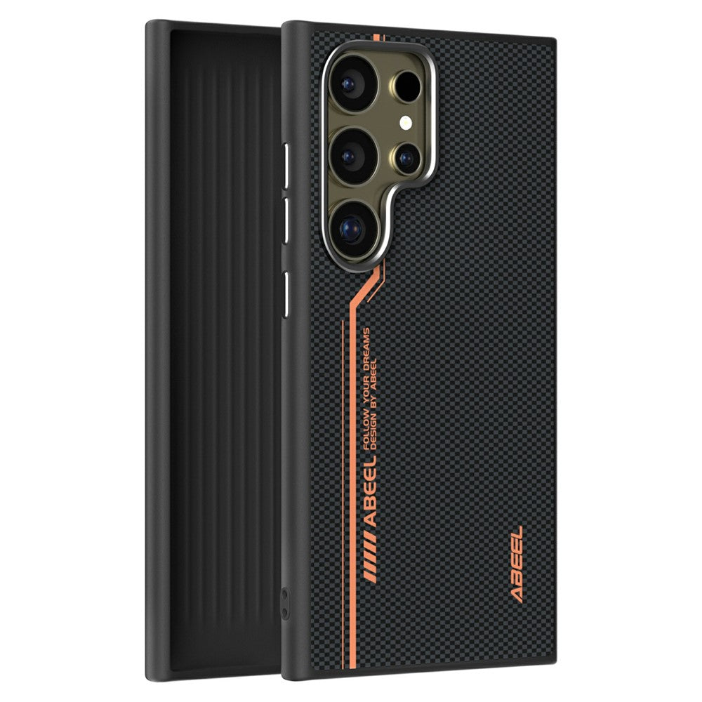 ABEEL Til Samsung Galaxy S24 Ultra Magnetisk Cover Mikro-prægning 6D Printet PC TPU Aluminiumslegering Læder Telefoncover