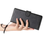 For iPhone 17e / 16e Case Stand Wallet Calf Texture PU Leather Flip Phone Cover with Wrist Strap