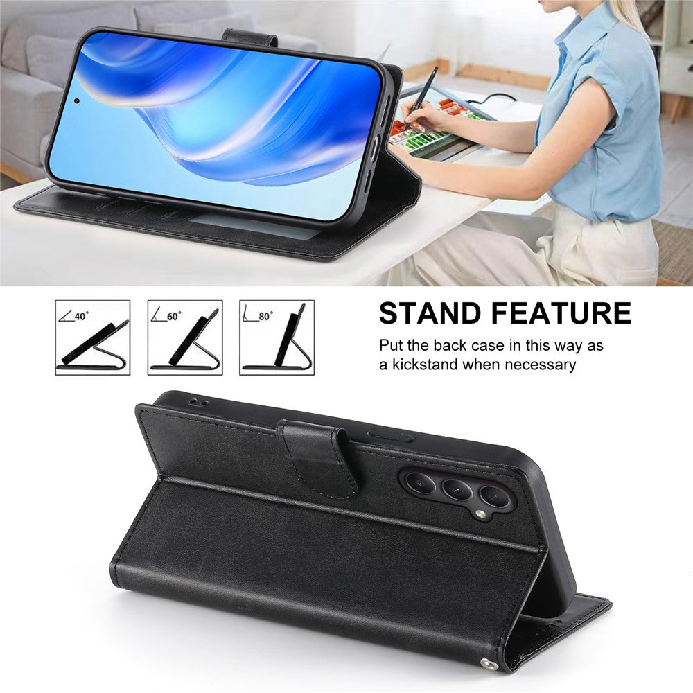 For Samsung Galaxy A35 5G Case Stand Wallet Calf Texture PU Leather Flip Phone Cover with Wrist Strap