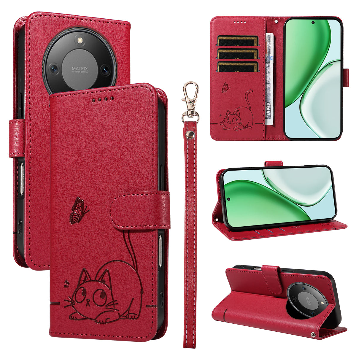 For Honor Magic8 Lite 5G / X9d 5G / X70 5G Case Cat Pattern Imprint Leather Phone Cover with Wrist Strap