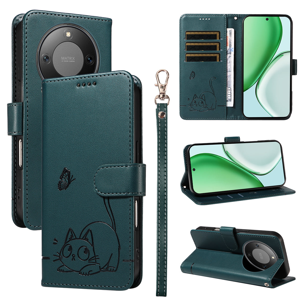 For Honor Magic8 Lite 5G / X9d 5G / X70 5G Case Cat Pattern Imprint Leather Phone Cover with Wrist Strap