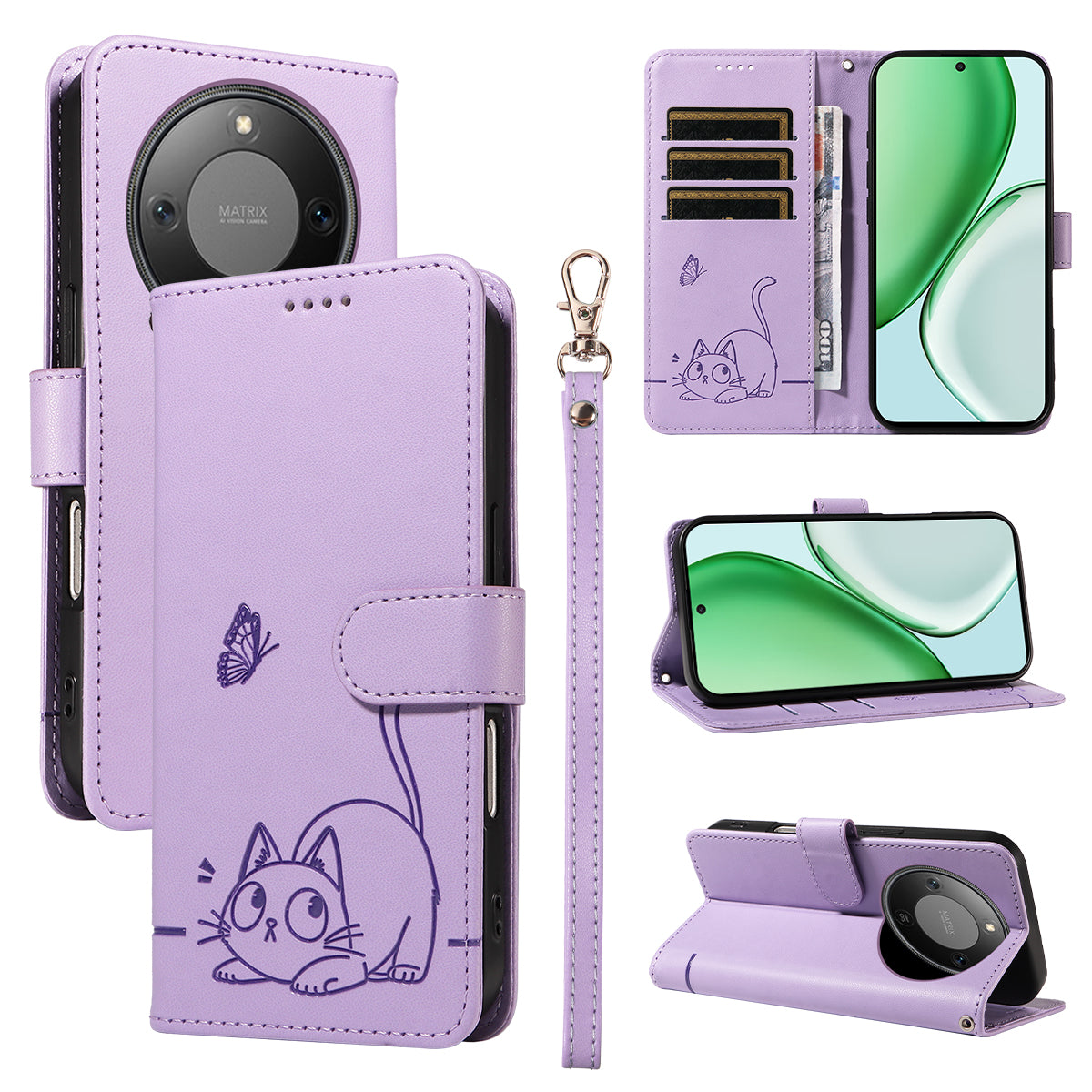 For Honor Magic8 Lite 5G / X9d 5G / X70 5G Case Cat Pattern Imprint Leather Phone Cover with Wrist Strap