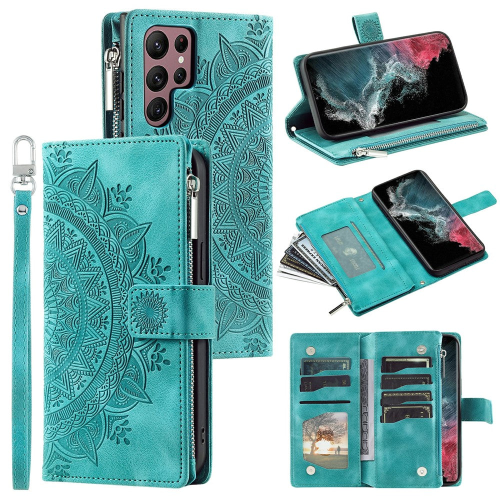 For Samsung Galaxy S26 Ultra Wallet Case Mandala Flower Pattern PU Leather Phone Cover with Wrist Strap