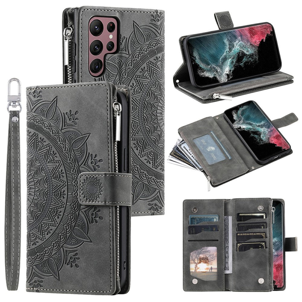 For Samsung Galaxy S26 Ultra Wallet Case Mandala Flower Pattern PU Leather Phone Cover with Wrist Strap