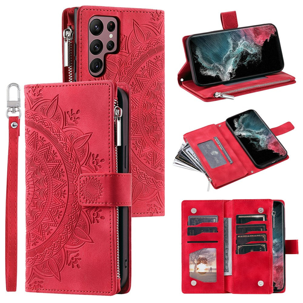 For Samsung Galaxy S26 Ultra Wallet Case Mandala Flower Pattern PU Leather Phone Cover with Wrist Strap