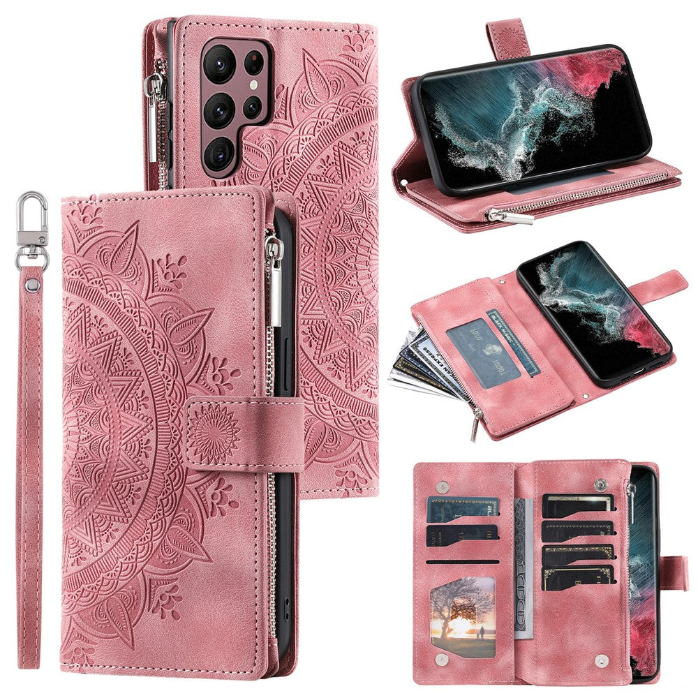 For Samsung Galaxy S26 Ultra Wallet Case Mandala Flower Pattern PU Leather Phone Cover with Wrist Strap