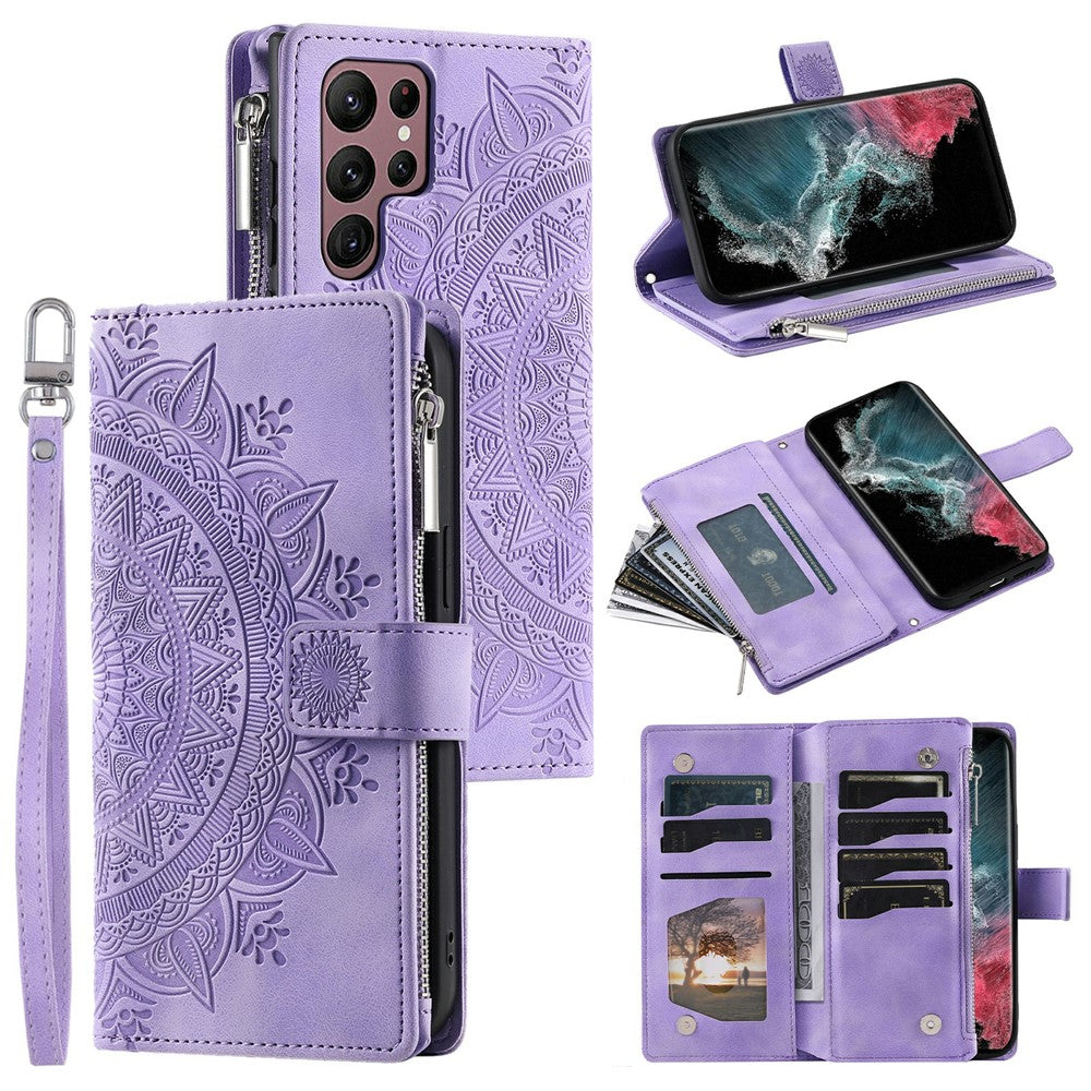 For Samsung Galaxy S26 Ultra Wallet Case Mandala Flower Pattern PU Leather Phone Cover with Wrist Strap