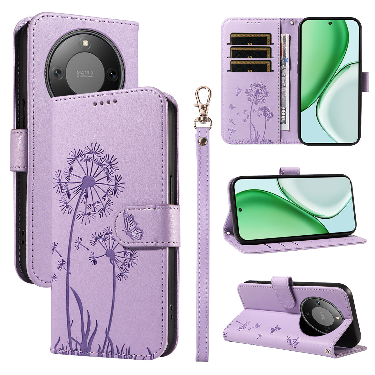 For Honor Magic8 Lite 5G / X9d 5G / X70 5G Leather Wallet Case with Strap Dandelion Imprint Phone Stand Cover