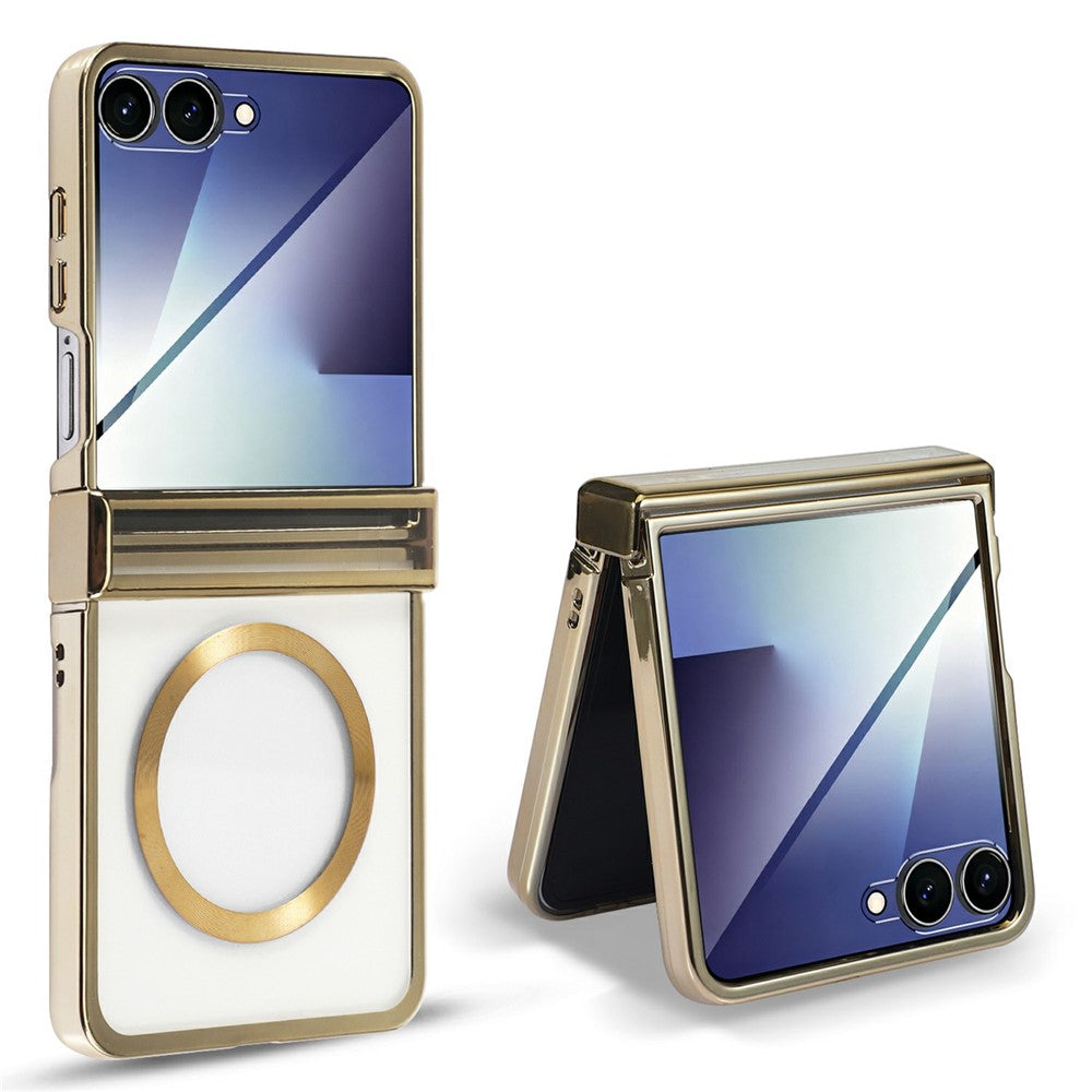 For Samsung Galaxy Z Flip7 5G Magnetic Case Electroplating CD Vein PC Phone Cover with Tempered Glass Screen Film