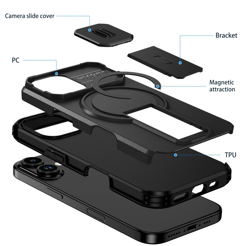 Til iPhone 18 / 17 cover med støttefod og kamera skyder PC + TPU telefoncover Kompatibel med MagSafe