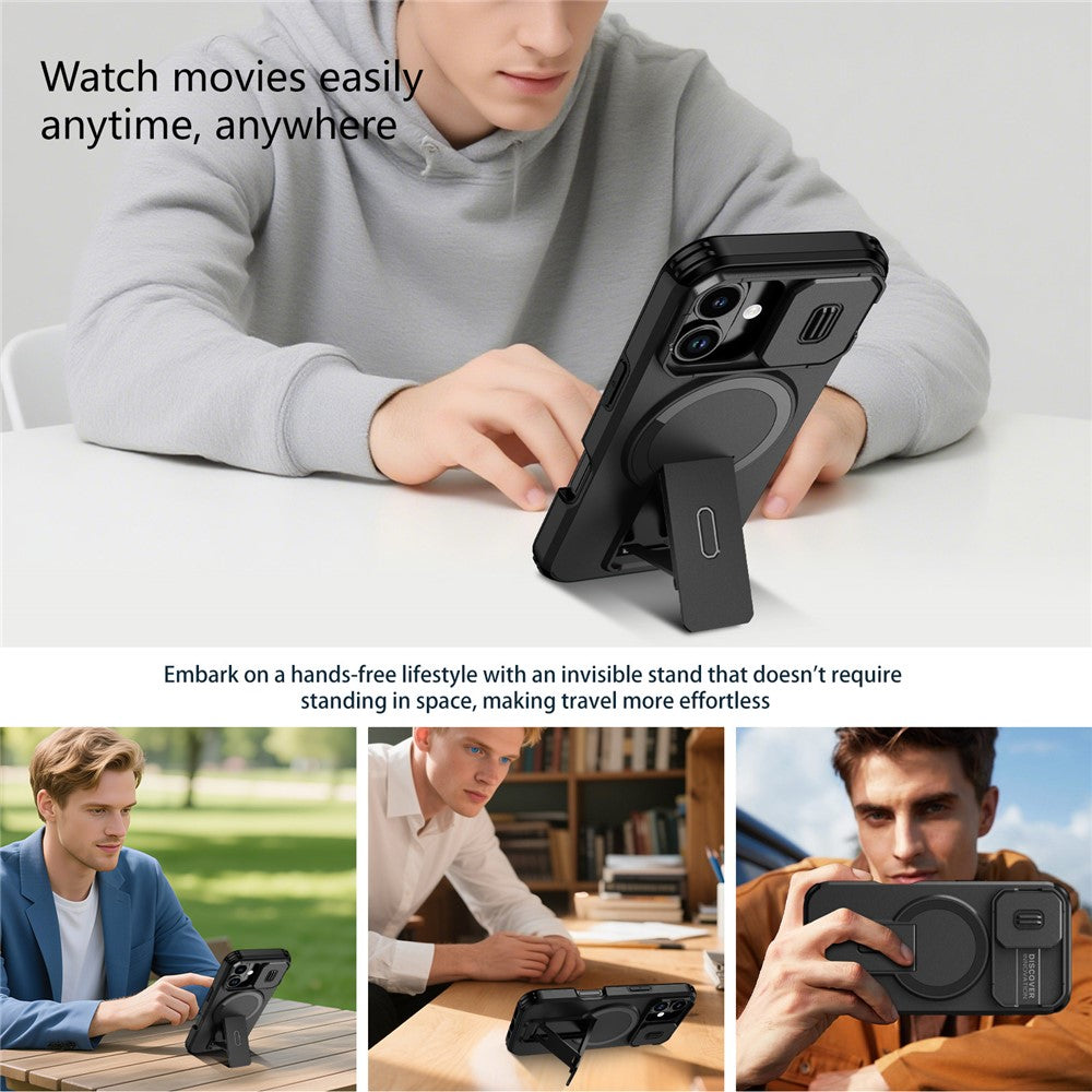 Til iPhone 18 / 17 cover med støttefod og kamera skyder PC + TPU telefoncover Kompatibel med MagSafe